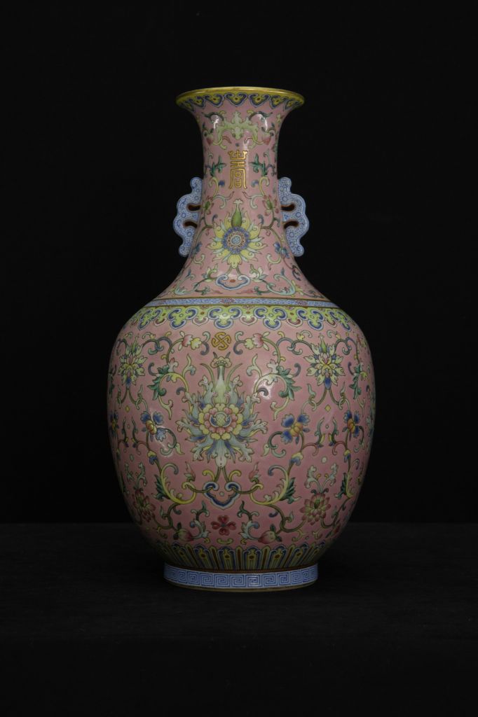 图片[1]-Pink colored flower double ear bottle-China Archive